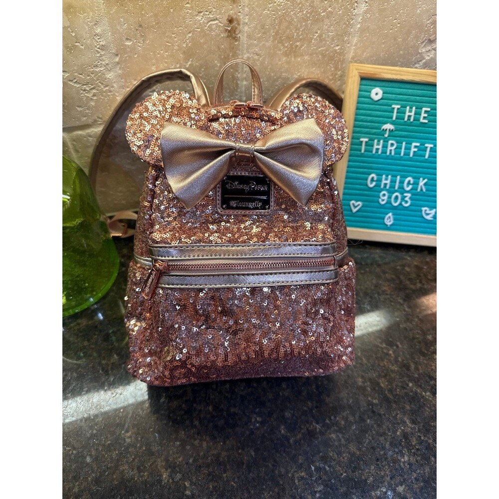 Disney Parks Exclusive Loungefly Sequined Rose Gold Pink Mini Backpack Bag EUC - Picture 4 of 12
